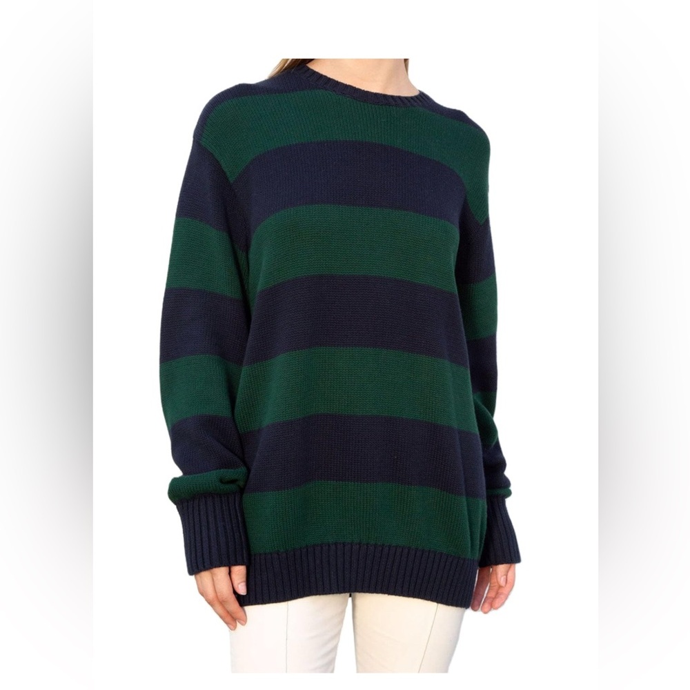 Blue and Green Crew Neck Striped Sweater
